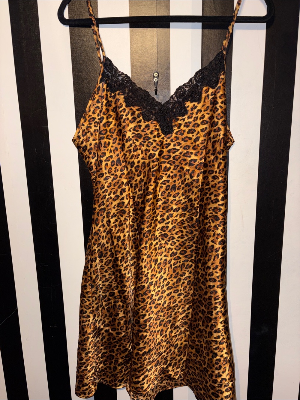90s Y2K Leopard Print Satin Slip Dress Chemise Nightgown Black Lace Trim Med/LG